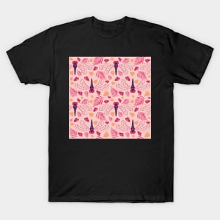 Red Dragonfly and Orange Leaf Pattern on Pink T-Shirt